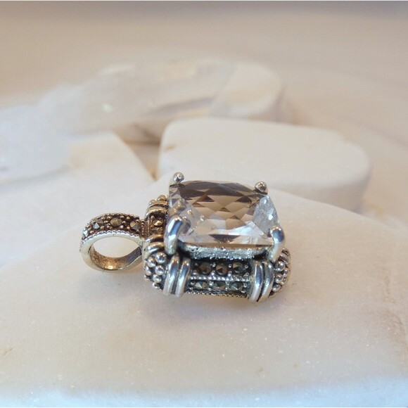 VTG Rock Quartz Crystal Marcasite Sterling Silver Pendant - Picture 5 of 8